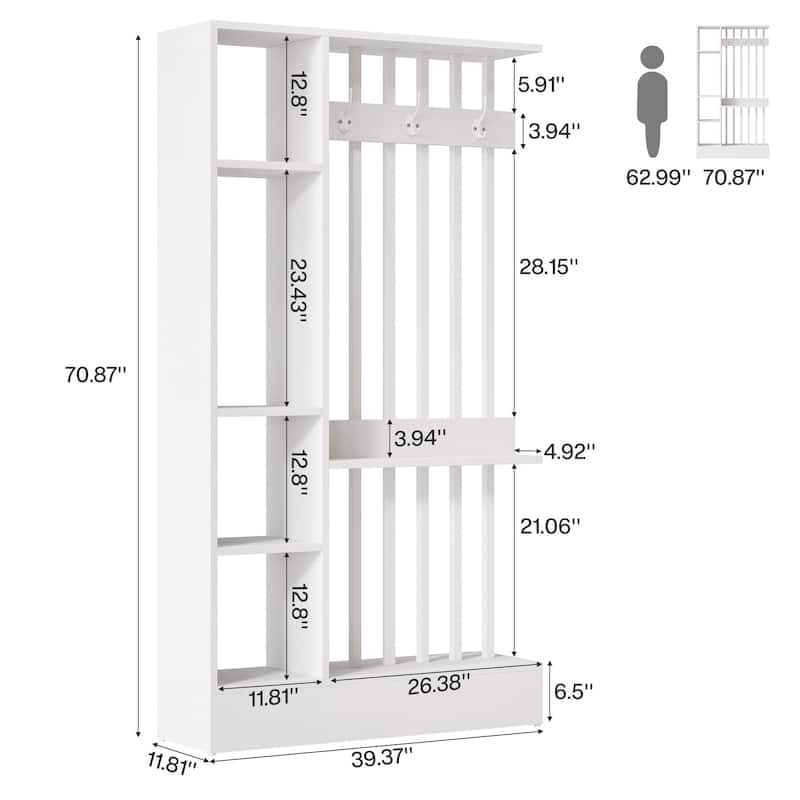 71" Wall Room Divider with Shelves & Coat Hooks