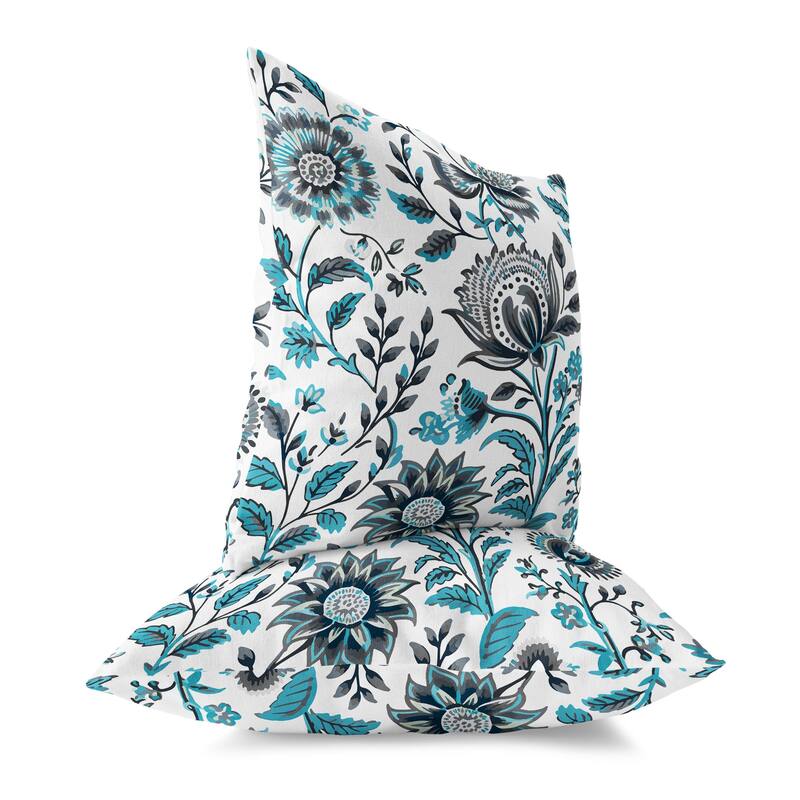 Grey And Turquoise Sanganeri Block Print Faux Suede Throw Pillow Zipper