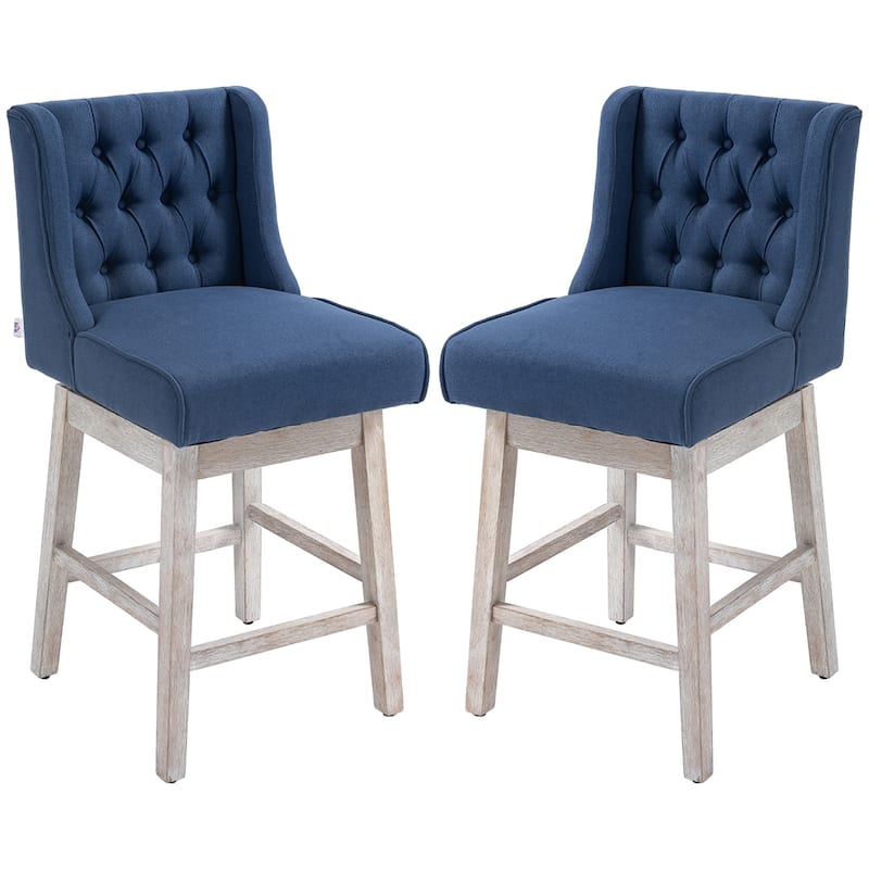 Set of 2 Vintage Swivel Counter Height Bar Stools with Linen Upholstered and Rubber Wood Legs - 18" L x 22.5" W x 39.75" D