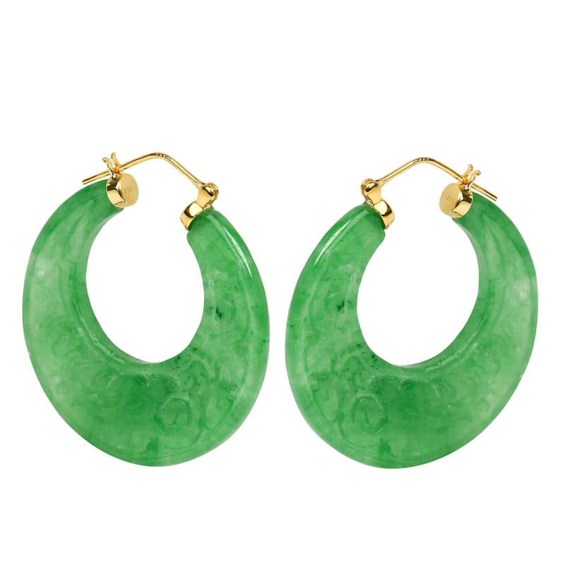 18k Yellow Gold Over Sterling Silver Dyed Green Jade Gemstone Dangle Earrings