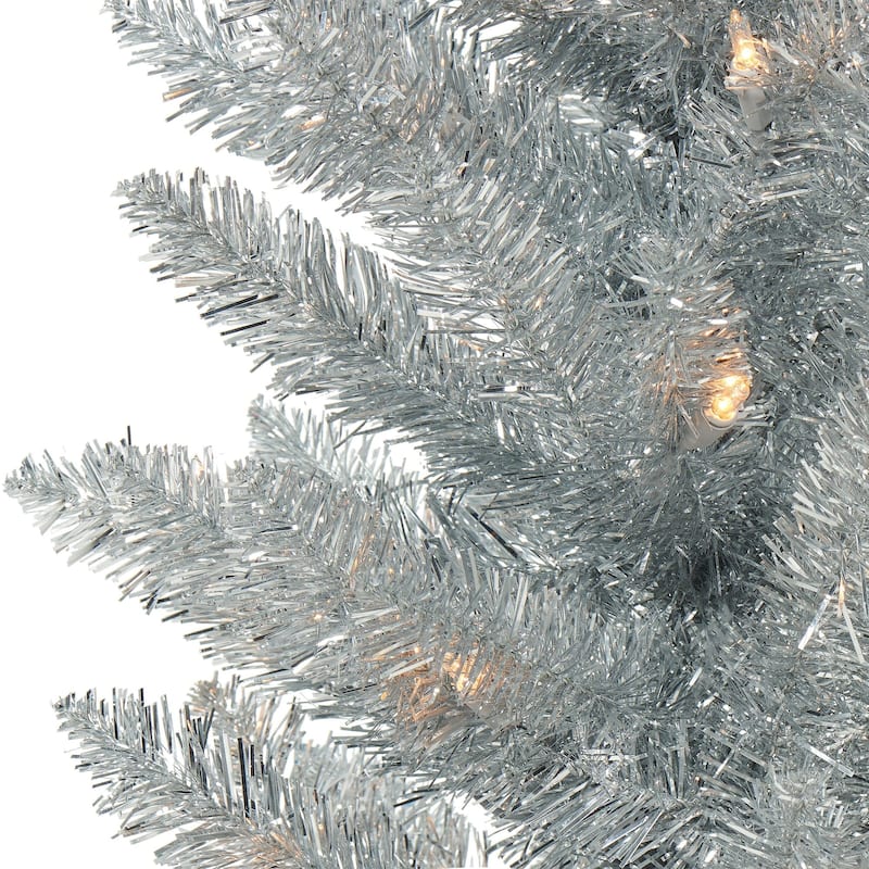 Pre-lit Pencil Tinsel Silver Artificial Christmas Tree - 6’ - Clear Lights - 4 Foot