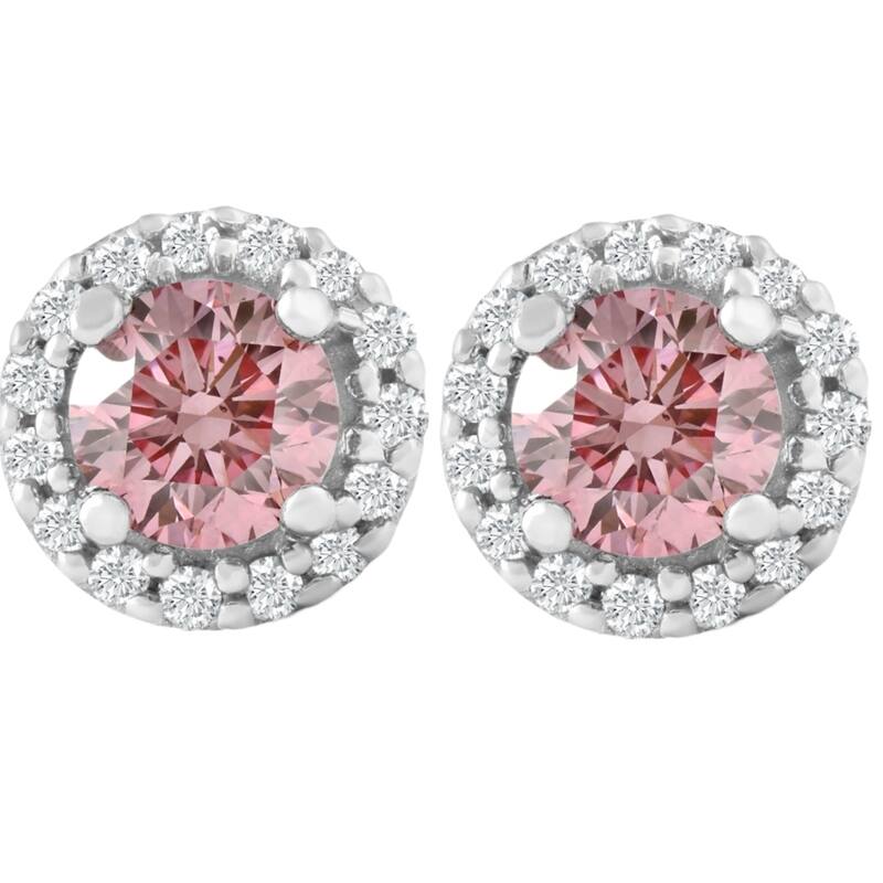 Bliss Diamond 1/2 Ct Halo Pink Diamond Lab Grown Diamond Studs White Gold Screw Back Earrings