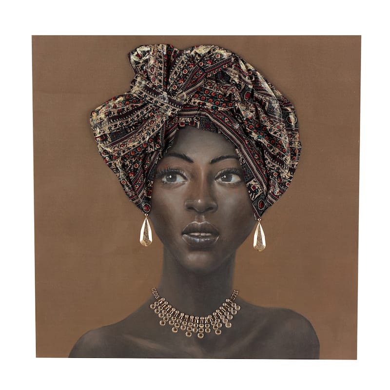 Canvas Woman Wall Art with 3D Fabric Headwear And Gold Jewels - Brown - Roche River Decor - Brown