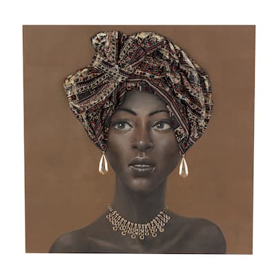 Canvas Woman Wall Art with 3D Fabric Headwear And Gold Jewels - Brown - Roche River Decor