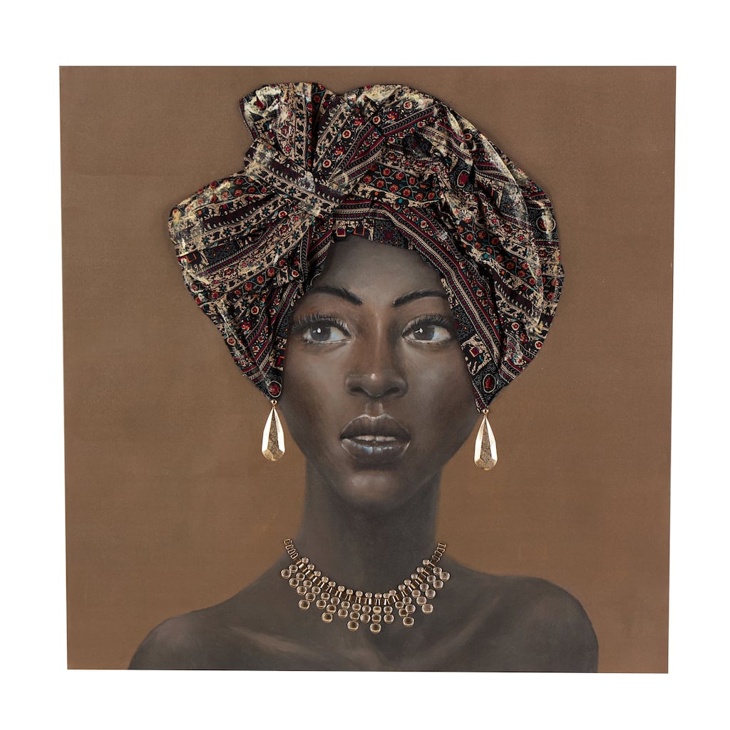 Canvas Woman Wall Art with 3D Fabric Headwear And Gold Jewels - Brown - Roche River Decor