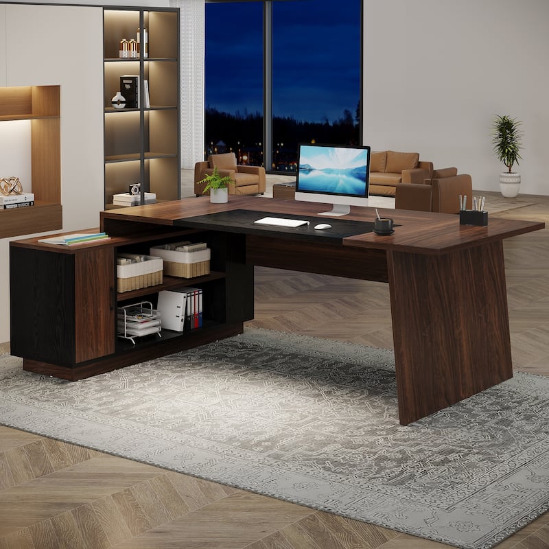 70.5'' Large Executive Desk with File Cabinet, Modern L -Shaped Desk - Dark Brown & Black