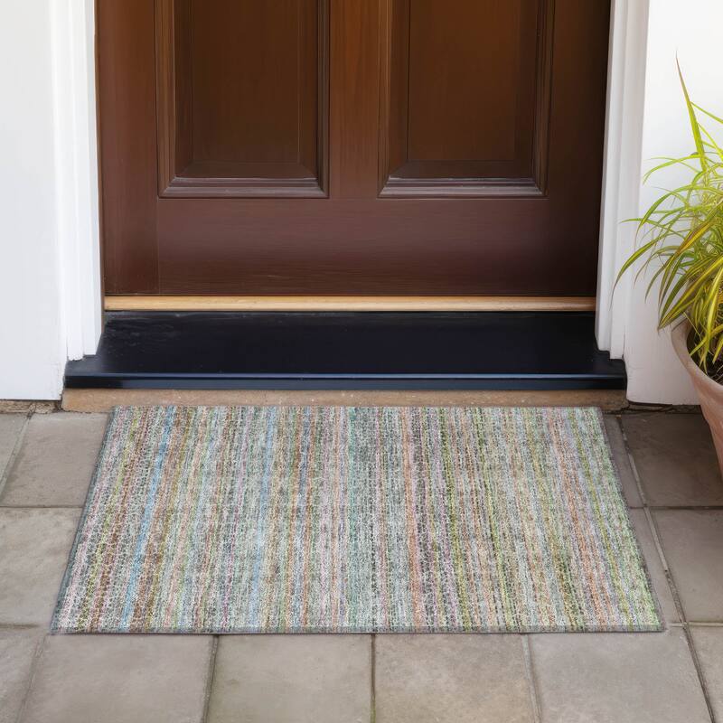 Machine Washable Indoor/Outdoor Transitional Striped Chantille Rug - Aqua - 1'8" x 2'6"