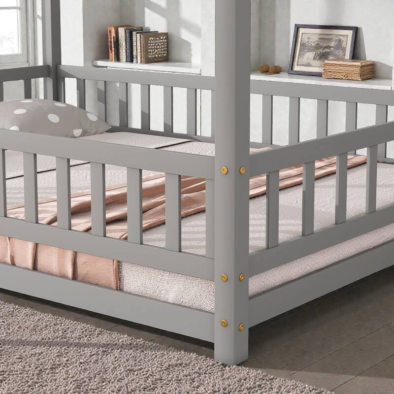 Full Size House Floor Bed with Wooden Roof Frame and Fence Guardrails, Solid Wood Kids Floor Bed