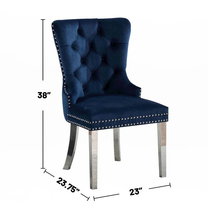 Set of 2 Wingback Dining Chairs with Button Tufted Back in Blue and Chrome