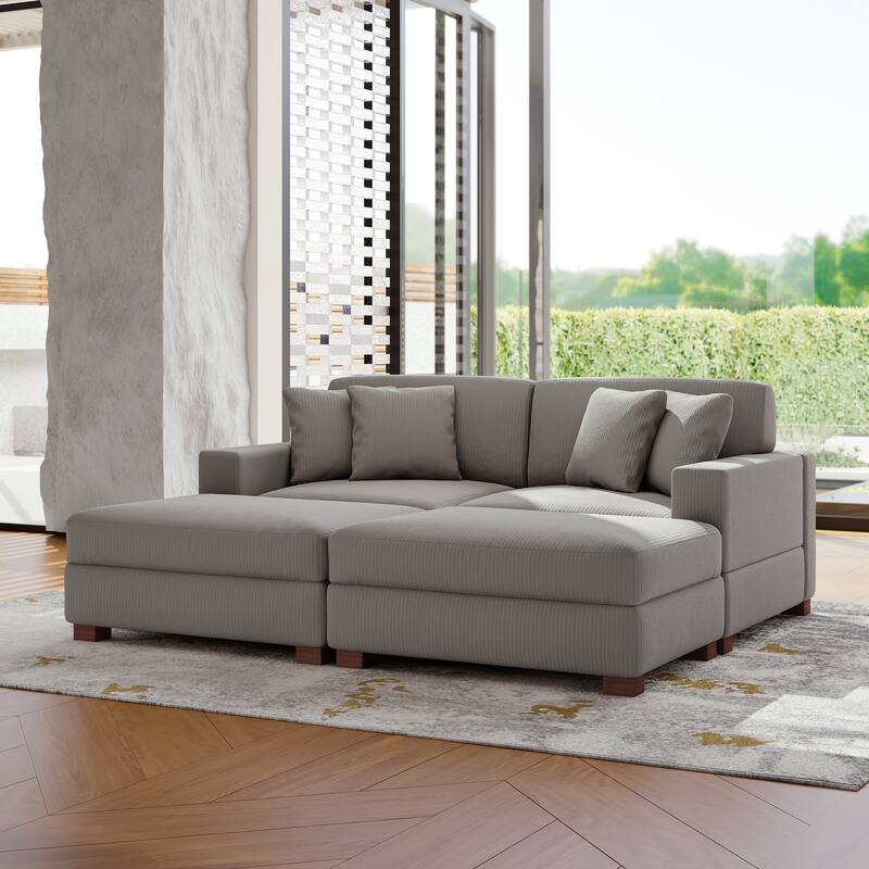 Modular Corduroy Sectional Sofa Set Chaise Couch with Ottoman - Light Grey-4 Piece/2
