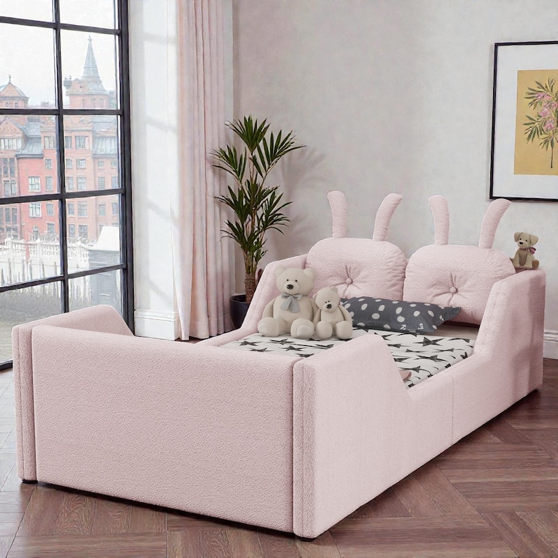 Twin Size Upholstered Floor Bed for Kids with Removable Side Rails, Soft Teddy Fabric Platform Bed