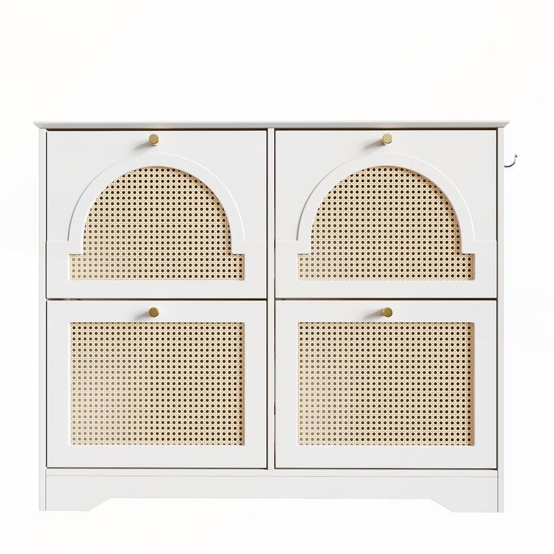 Mid-Century Narrow Design Tipping Bucket Shoe Cabinet with 4 Flip Drawers with Rattan Doors and Hooks