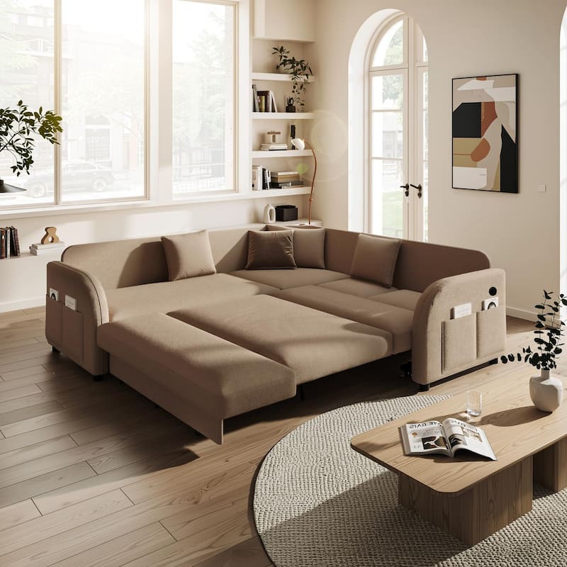 Homy Casa 85"/115" L-Shaped Sectional Sofa Bed USB & Side Pocket, Teddy Fabric Pull-Out Sleeper, Reversible Chaise, Multi Colors - Brown 5