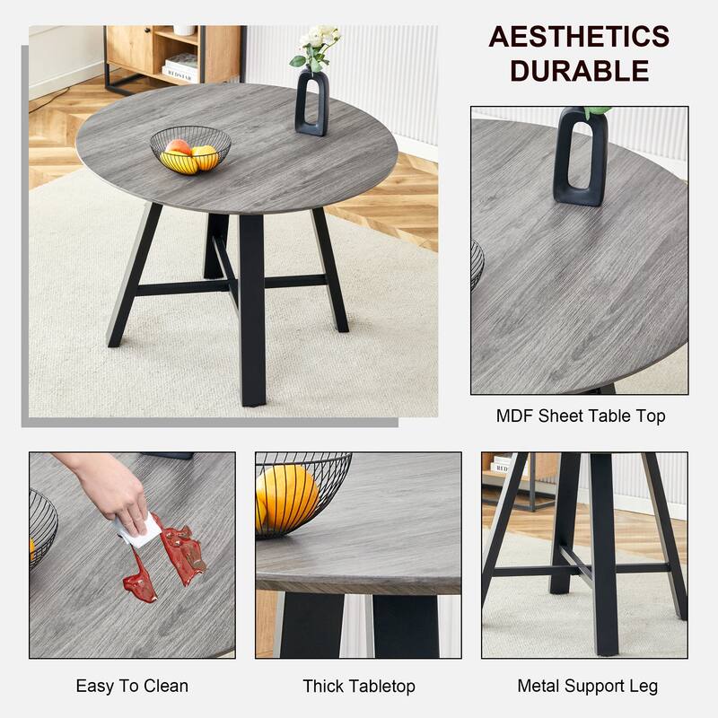 42" Round Minimalist Dining Table Set for 4, Wood Grain Dinner Table with 4 Techno-Fabric Chairs and Metal Legs