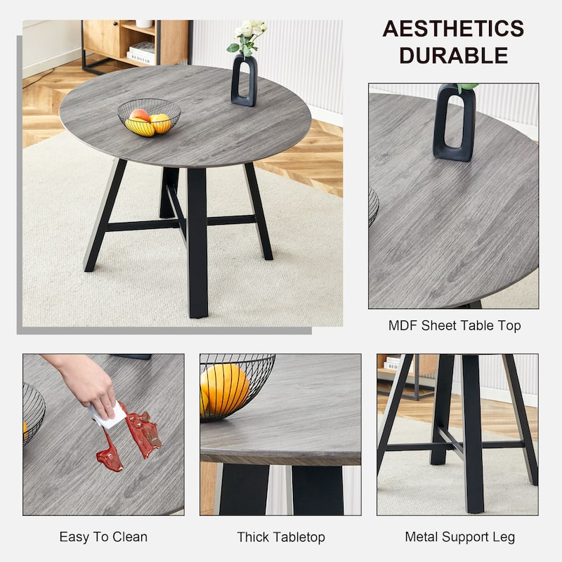 Modern Minimalist Round Dining Table And Coffee Table,42 Inch Diameter Mdf Table Top,Deep Wood Grain Table Top,Black Metal Legs