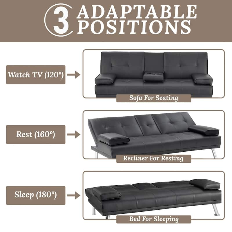 Convertible Futon Sofa Bed with Armrests & Cupholders - Faux Leather Reclining Couch for Small Spaces