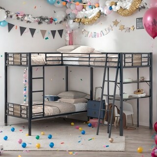 Twin over Twin L-Shaped Bunk Bed with Twin Size Loft Bed with Desk and Built-in Shelves,Modern Design,Easy Assembly,Brown