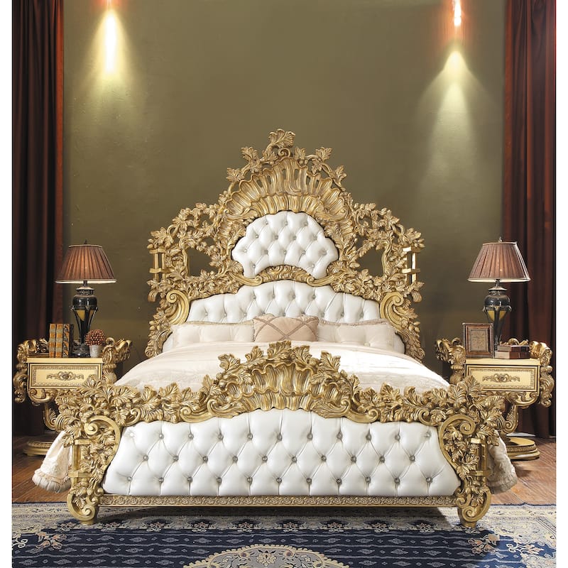 Heverford White and Gold Eastern King Scrolled Floral Bed