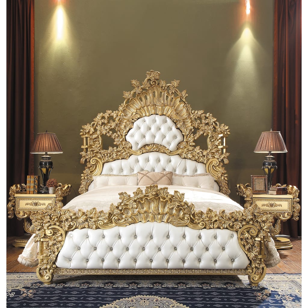 Heverford White and Gold Eastern King Scrolled Floral Bed