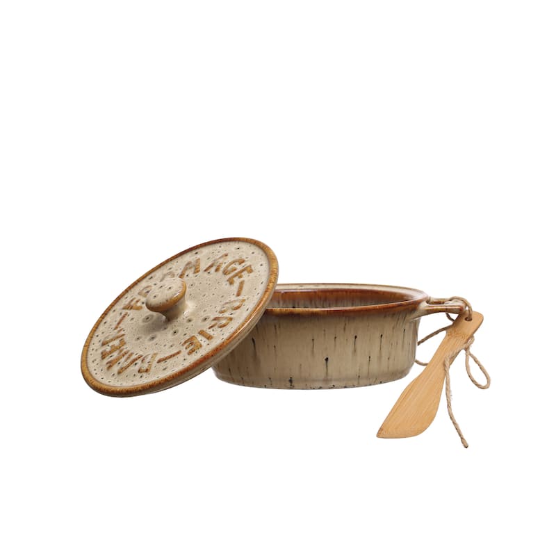 Stoneware Brie Baker with Bamboo Canapé Spreader Knife - 9.3"L x 7.0"W x 3.0"H