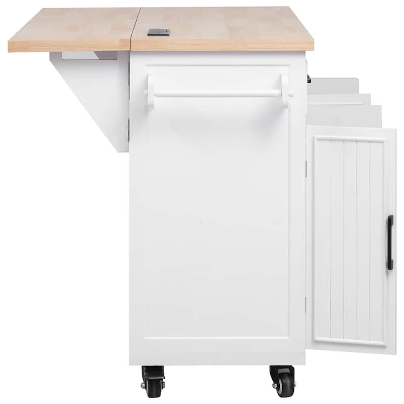 56.5" Kitchen Island with Drop Leaf, Power Outlet, Embossed Vertical Stripe Rolling Kitchen Cart on Wheels with 5 Drawers