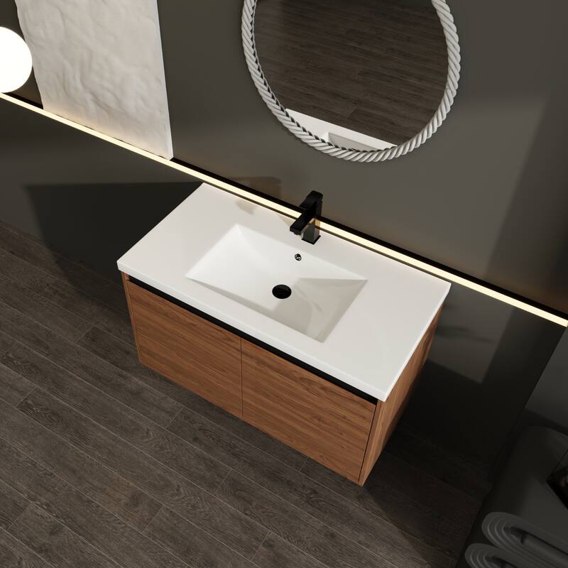 GDFStudio - Levistar Modern Wall-Mounted Bathroom Vanity Set with Scratch-Resistant Resin Sink & Soft Close Doors