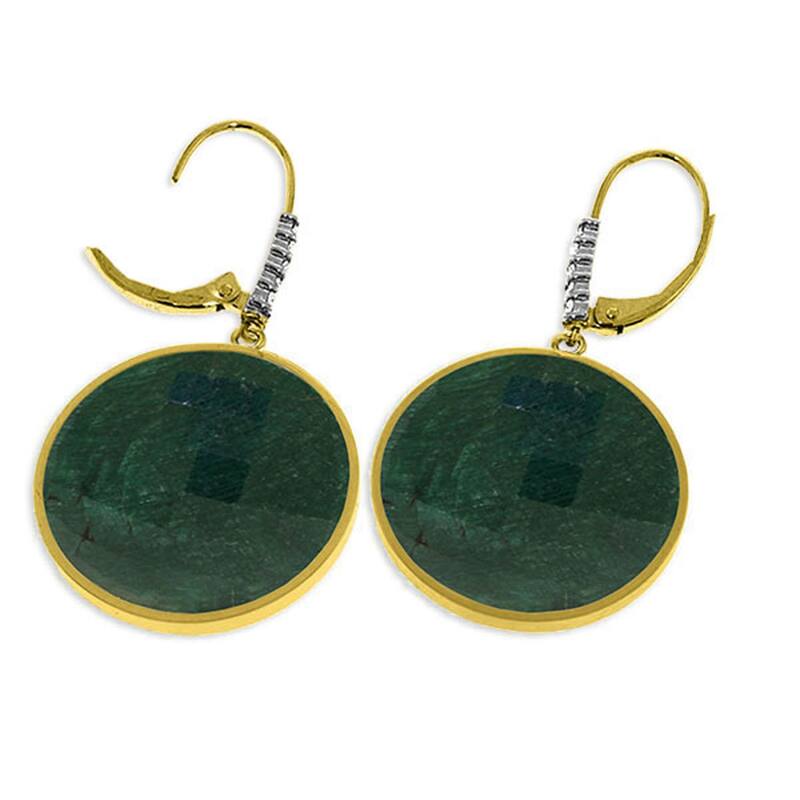 14K Solid Gold Diamonds Leverback Earrings w/ Emerald Color Corundum