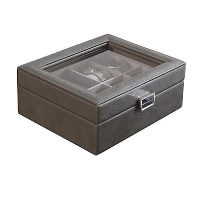9 Inch Watch Case with 8 Spaces, Gray Faux Leather, Lined, Glass Lid, Black