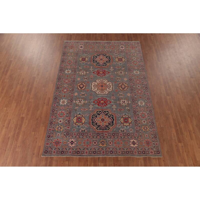 Gray Geometric Kazak Oriental Area Rug Handmade Wool Carpet - 6'8" x 9'8"