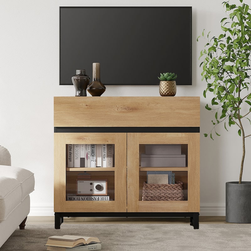 WAMPAT Modern TV Stand with Glass Doors for 110 inch TVs, Entertainment Center Console with 3 Drawers and Metal Base - 31.5 Inch - Oak