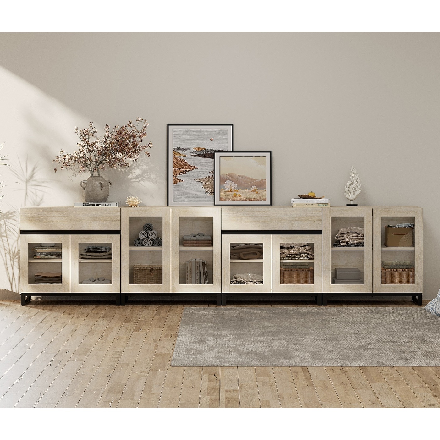 4 in 1 Multifunctional Dresser with Glass Doors & 2 Drawers, Adjustable Shelf & Metal Base Storage Cabinet