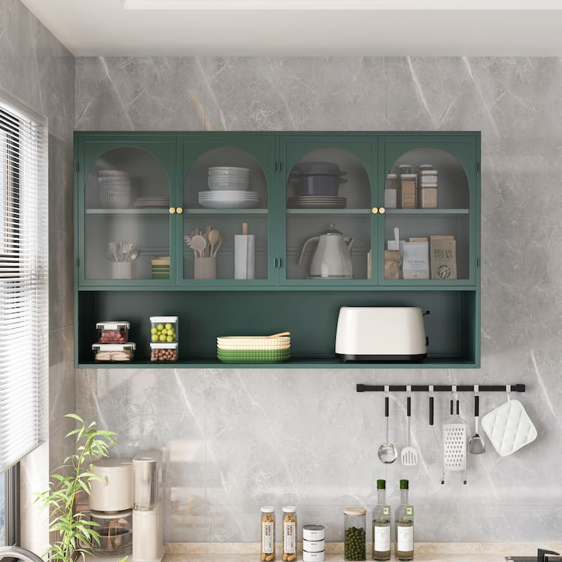 47.25" 4-door Glass Wall-mounted Cabinet Storage, - Dark Green