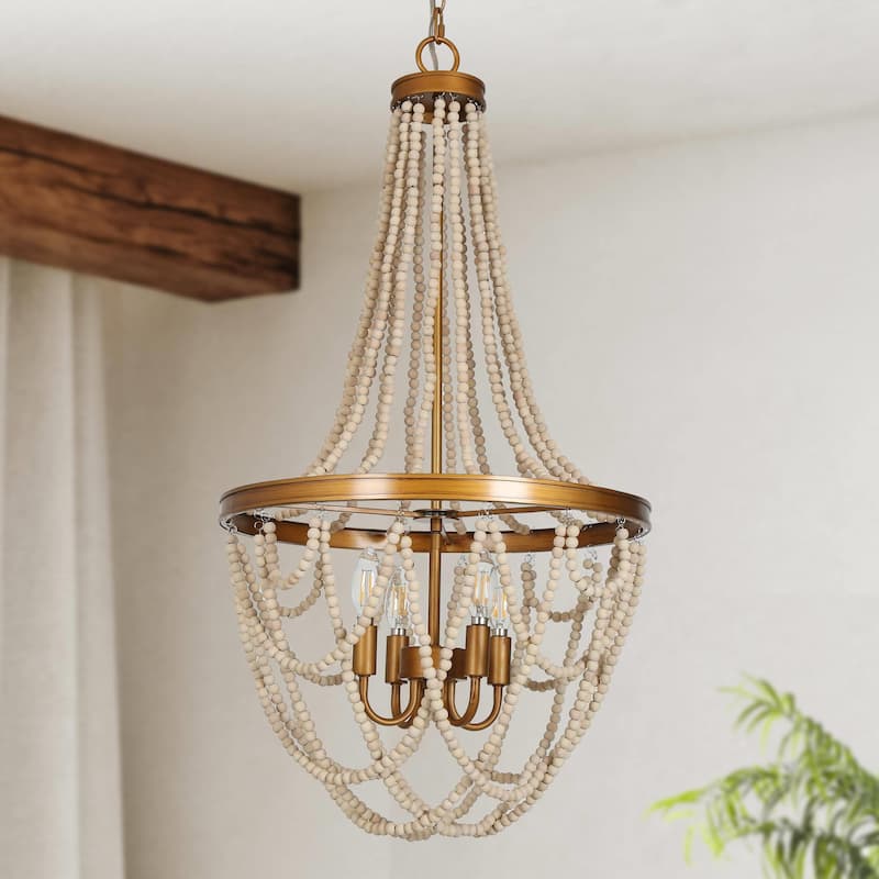 Modern Glam French Country Wood Beaded Chandeliers Ceiling Lights for Bedroom Living Room, Dining Room - D 17.7'' x H 95.2''