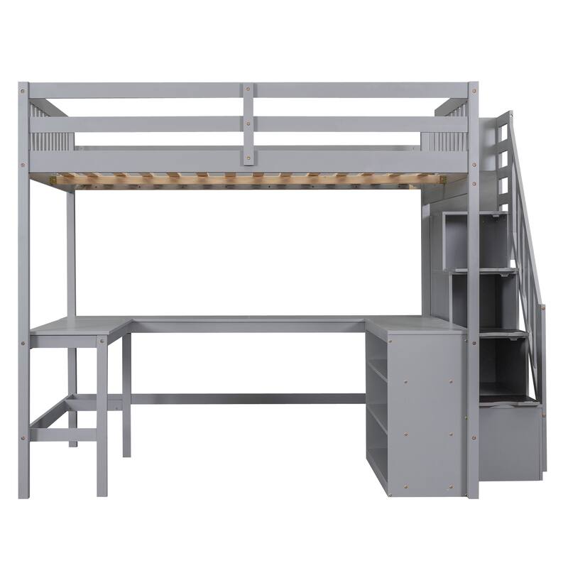 Full Size Loft Bed with L-Shaped Desk, Storage Shelves, and Staircase, Gray