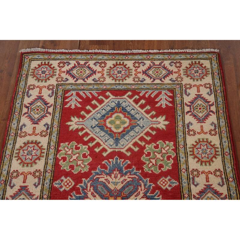 Geometric Red Kazak Accent Rug Handmade Wool Carpet - 2'8" x 4'1"