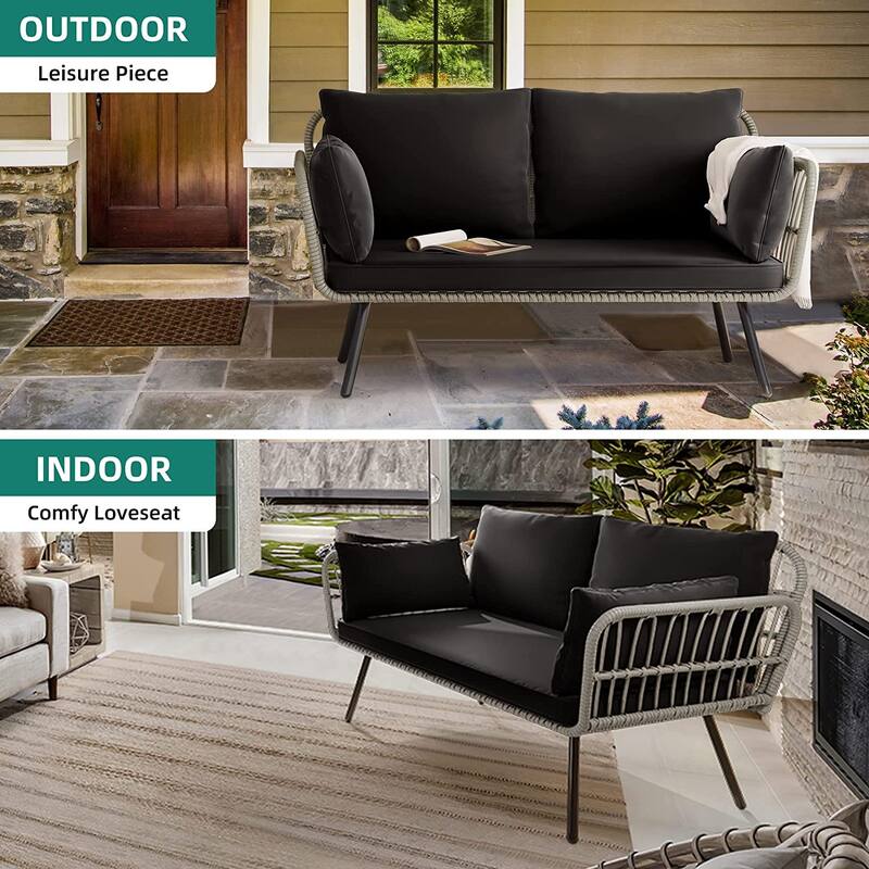 Fernald Patio Wicker Loveseat Sofa with Cushions and Lumbar Pillows