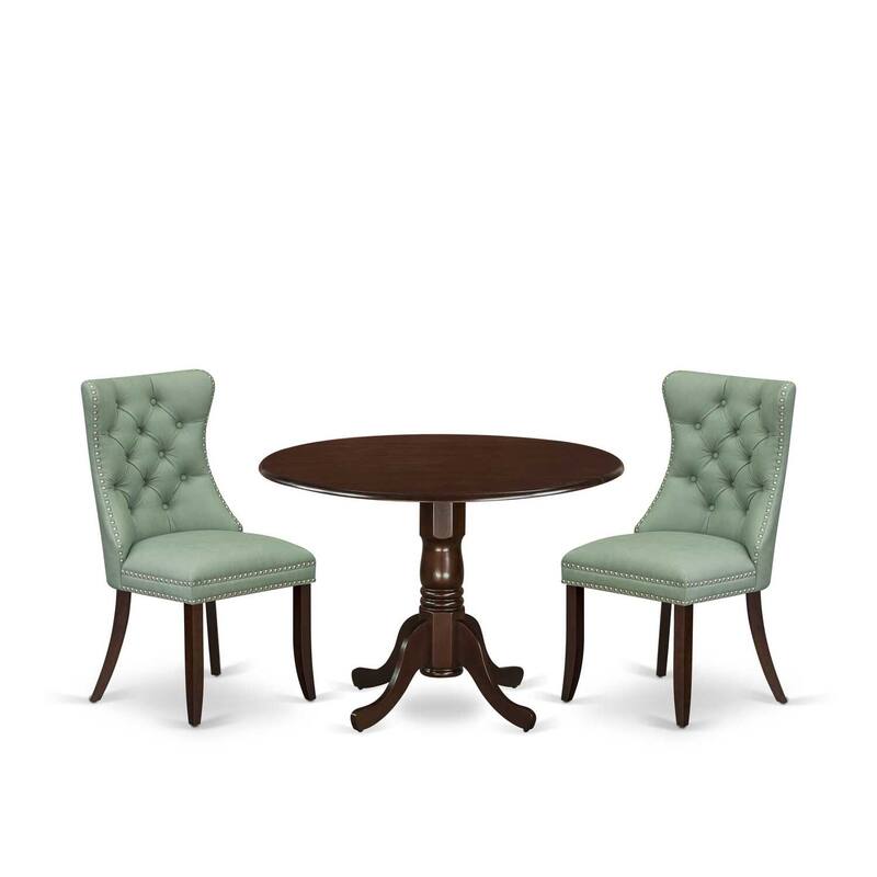 3-Piece Mahogany Finish Solid Wood Top-Round Upholstered Dining Room Set -Seats 4