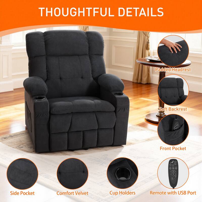 35" Wide Quiet Lift Velvet Recliner w/Massage and Heat
