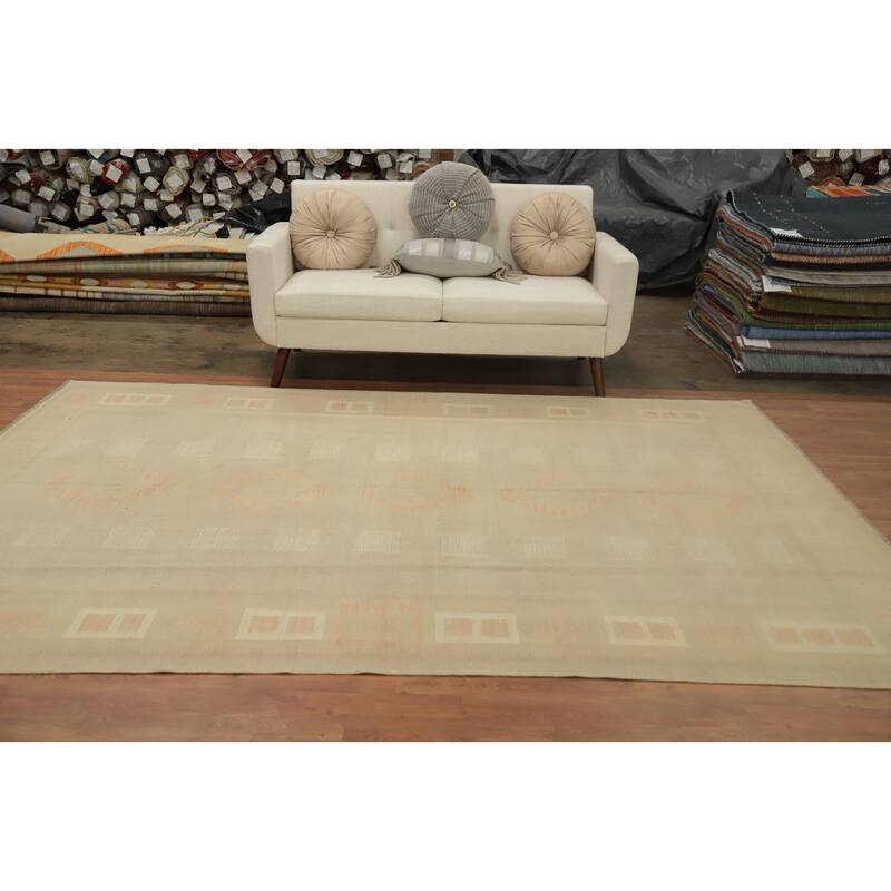 Hand Woven Oriental 100% Wool Carpet Southwestern Tribal Beige & Ivories Kilim Area Rug - 9' 10'' X 7' 0''