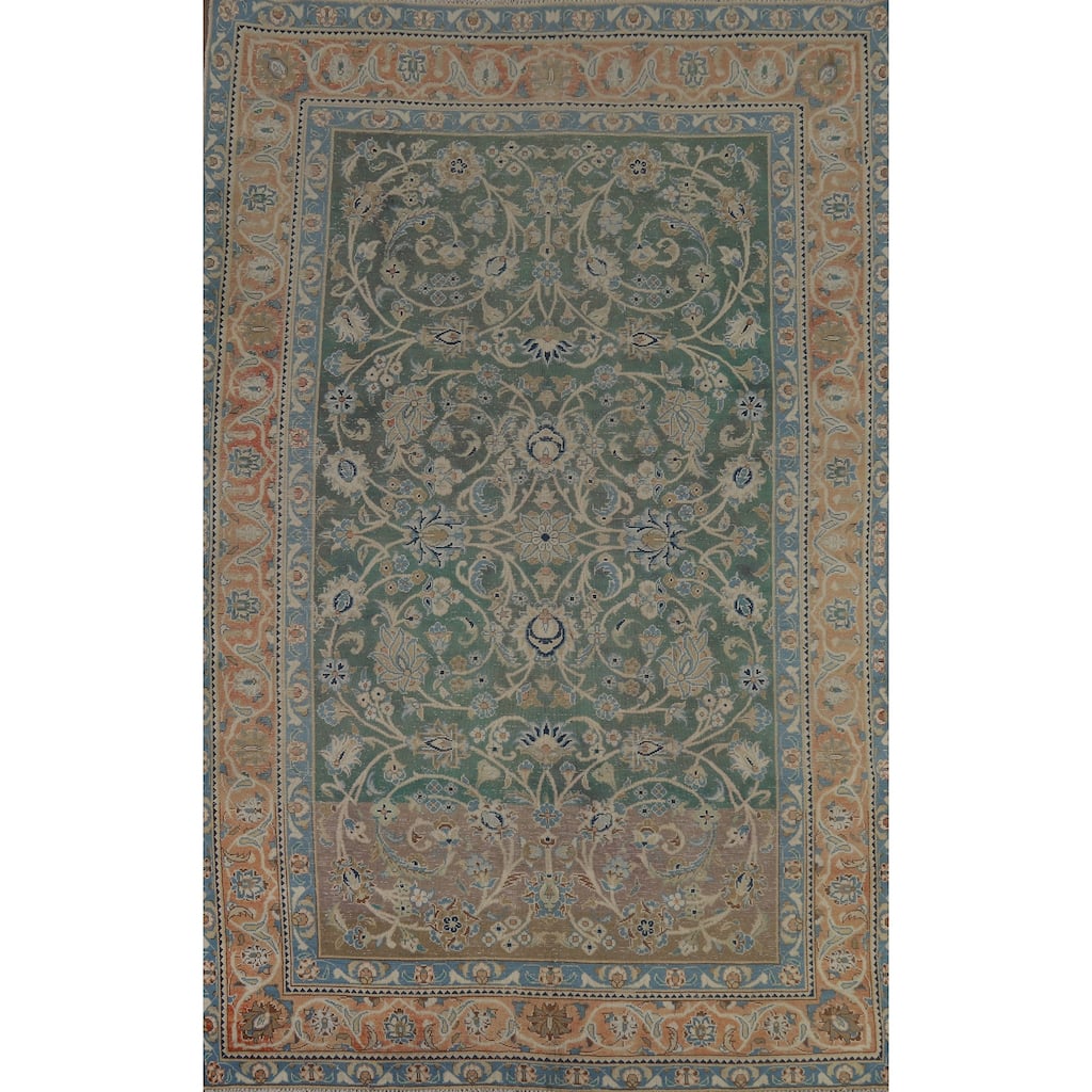 Green Floral Kashan Persian Vintage Area Rug Hand-Knotted Wool Carpet - 6'1" x 9'9"