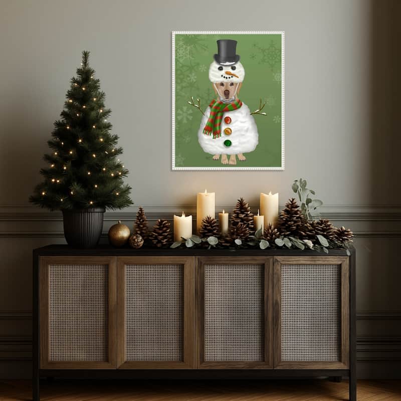 Yellow Labrador Snowman Costume by Fab Funky (23 x 28 in.), Framed Canvas Wall Art Print - Sylvie Beaded White
