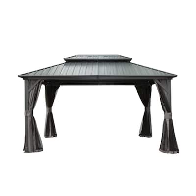 10' x 12' Outdoor Aluminum Hardtop Gazebo with Galvanized Steel Double Roof with Curtain and Netting