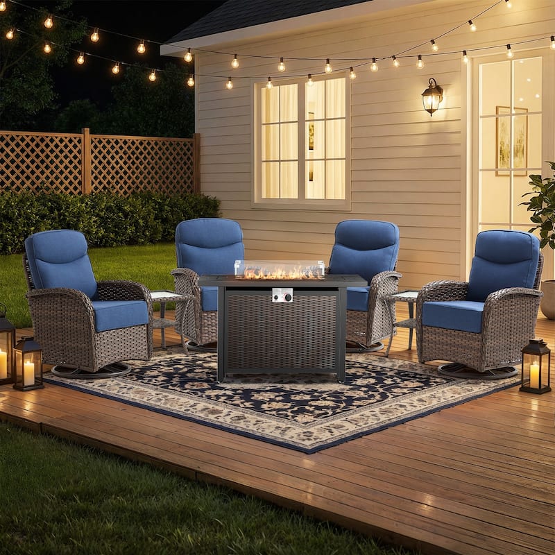 Pocassy Outdoor Sofa Swivel Chair and Ottman with 43in Fire Pit Table - Brown Wicker Blue Cushion - 7-Piece Swivel Chiar with Fire Table