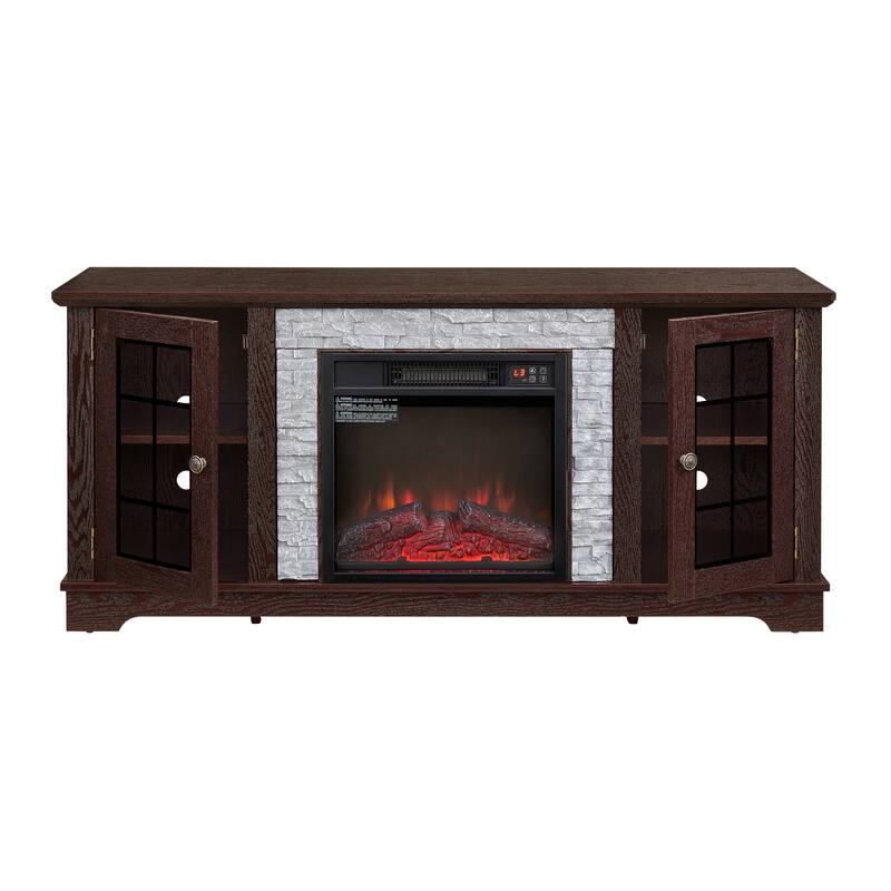 GDFStudio Eulalia Wood 2-Door Storage TV Stand with Faux Stone Mantle