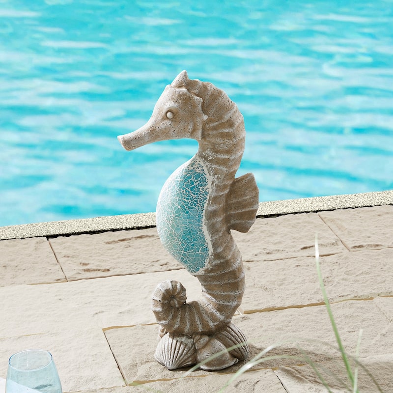 Glitzhome Faux Granite Mosaic Sitting Elephant Sea Horse Mermaid Garden Statue Ocean Figurine