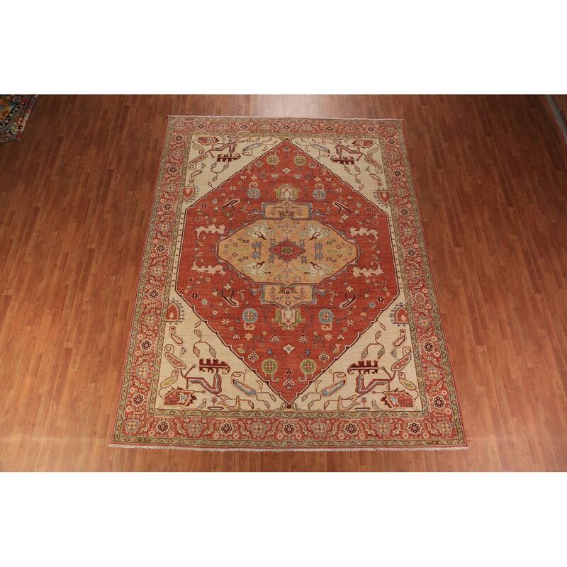 Vegetable Dye Orange Heriz Serapi Oriental Rug Handmade Wool Carpet - 8'11"x 11'8"