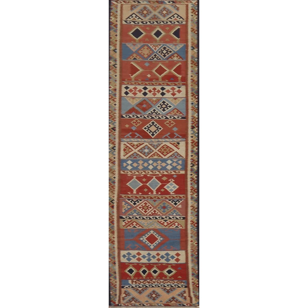 Vegetable Dye Kilim Qashqai Persian Antique Runner Wool Carpet - 2'9"x 13'1"