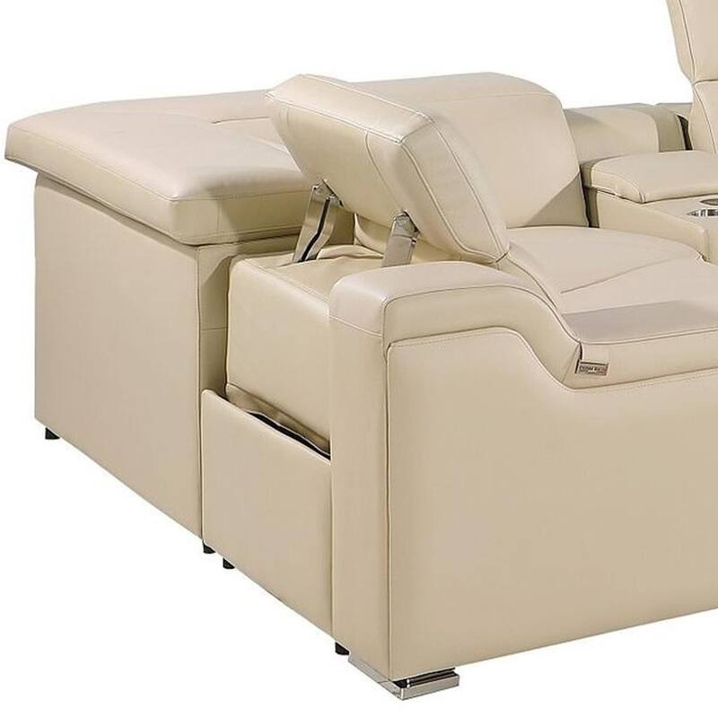 HomeRoots Beige Italian Leather Power Reclining U Shaped Eight Piece Corner Sectional With Console