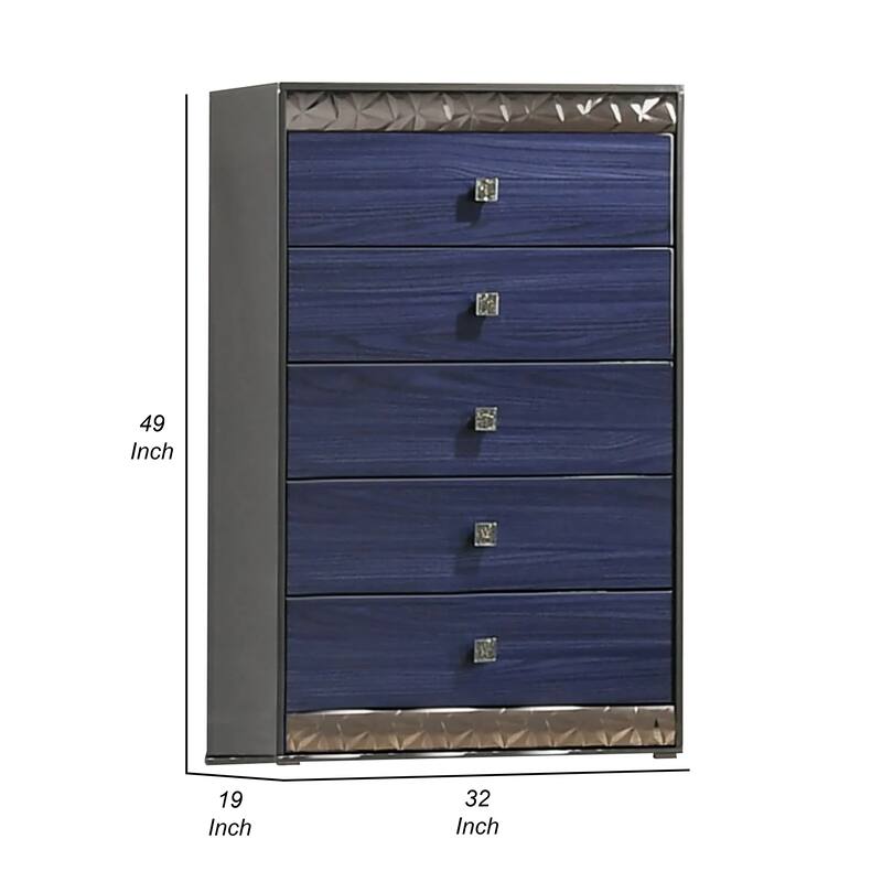 Zara Tall Dresser Chest with 5 Drawers, Ash Gray and Indigo Blue Wood
