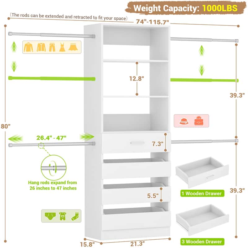 Qvella 95''-136'' W Closet System with 8 Wooden Drawers and 4 Hanging Rods, Walk-in Closet Organizer with 6 Storage Shelves